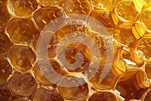 Honey filled with honeycomb, macro view.