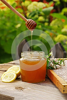Honey with flowers and honeycombs