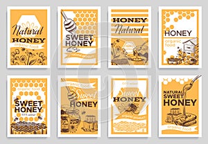 Honey flyers. Natural organic food beeswax, honeycomb and bees beehive, jar and honeyed flowers, beekeeping retro sketch