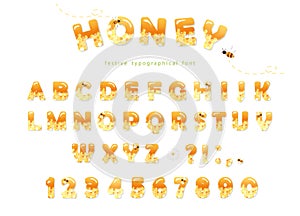 Honey font design. Glossy sweet ABC letters and numbers isolated on white.