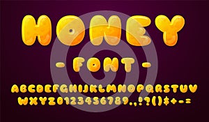 Honey font. Round letters, juicy color type design. Soft sweet alphabet, cartoon candy number. Yellow typography
