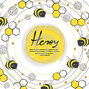 Honey frame with honeycomb and bee. Vector background.