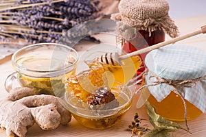 Honey, ginger, lavender, tea, hoheycomb, lemon