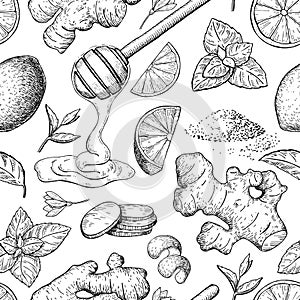 Honey, ginger, lemon and mint vector seamless pattern drawing. W