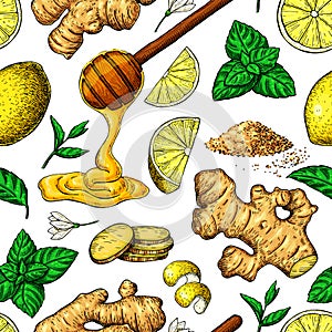 Honey, ginger, lemon and mint vector seamless pattern drawing. Wooden spoon, hearb