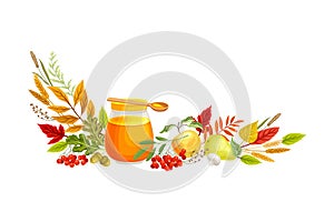 Honey in Glass Jar and Autumn Foliage with Apples and Rowan Semicircular Vector Composition