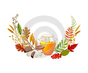 Honey in Glass Jar and Autumn Foliage with Rowan Berry Cluster and Mushrooms Semicircular Vector Composition