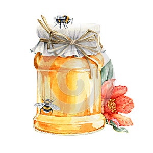 Honey glass jar with bee and flowers watercolor image. Realistic organic healthy nutrition illustration. Honey pot close