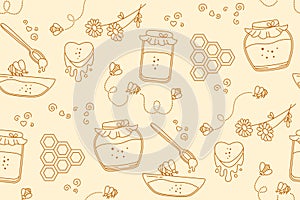 Honey glass jar bee seamless pattern doodle wallpaper repeat boundless print