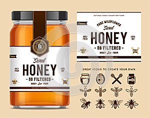 Honey glass jar mockup with label and icons