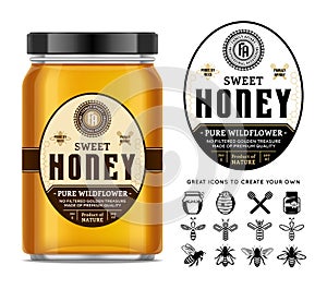 Honey glass jar mockup with label and icons