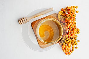 Honey in a glass jar, wooden stick for honey, fresh sea buckthorn and Rowan berries on a light background with space for text, top