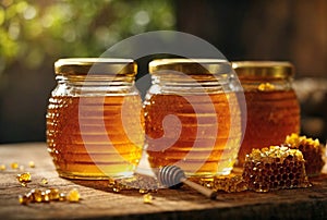 Honey in glass jars. The concept of natural organic honey.