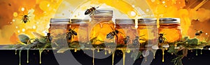 Honey in glass jars with honeycombs, bees and flowers.