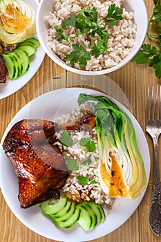 Honey Glaze Roast Duck with Bok Choi and Rice