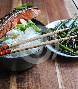 Honey Glazed Asian Style Salmon With Basmati White Rice and saute green beans on the side