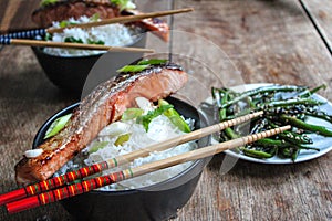 Honey Glazed Asian Style Salmon With Basmati White Rice and saute green beans on the side