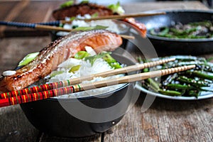 Honey Glazed Asian Style Salmon With Basmati White Rice and saute green beans on the side