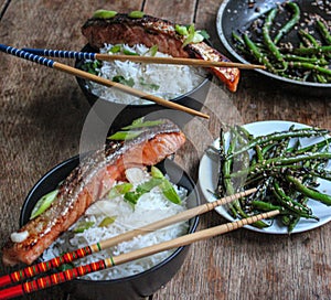 Honey Glazed Asian Style Salmon With Basmati White Rice and saute green beans on the side