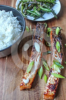 Honey Glazed Asian Style Salmon With Basmati White Rice and sautÃƒÂ© green beans on the side