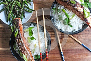 Honey Glazed Asian Style Salmon With Basmati White Rice and sautÃƒÆ’Ã‚Â© green beans on the side