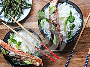 Honey Glazed Asian Style Salmon With Basmati White Rice and sautÃƒÆ’Ã†â€™Ãƒâ€šÃ‚Â© green beans on the side