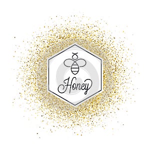 Honey on golden glitter. Bee and honeycomb abstract background