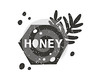 Honey grunge sticker. Black texture silhouette with lettering inside. Imitation of stamp, print with scuffs