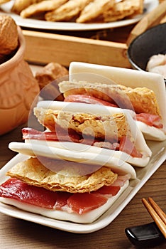 Honey ham with crispy cracker wrapped in thin bread