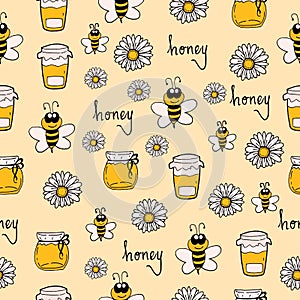 Honey-hand drawn lettering with jar of honey, bee and flower illustration. vintage style. hand drawn vector. seamless pattern with