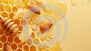 honey on honeycomb with almonds on pale yellow background