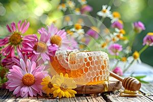 Honey in honeycombs and flowers on table