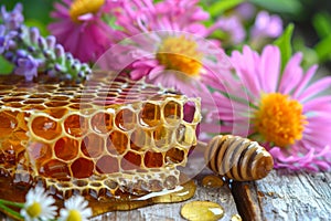 Honey in honeycombs and flowers on table