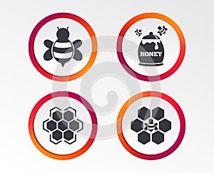 Honey icon. Honeycomb cells with bees symbol.