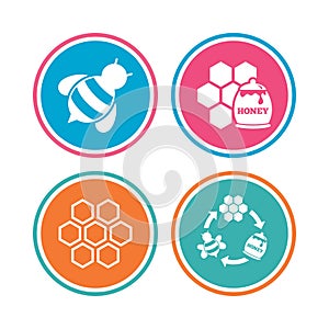 Honey icon. Honeycomb cells with bees symbol.