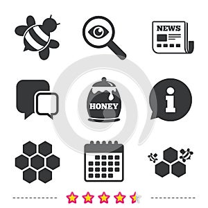 Honey icon. Honeycomb cells with bees symbol.