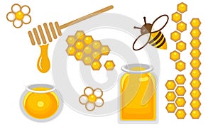 Honey icon set. Round and quart honey jar, bee with flower, honeycomb in different species.