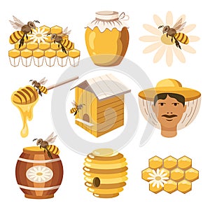 Honey illustration set, a glass jar of honey and a barrel of honey, a beekeeper, honeycomb bees, beehives and flowers