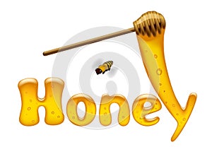 Honey inscription letters with honey flowing down from stick and flying bee isolated on white