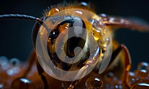 Honey insect looking at camera. Front part of the fluffy bee in raindrops close up. Black backdrop. Generative AI