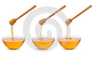 Honey isolated. Set of honey in glass bowl flowing with spoon isolated on white background