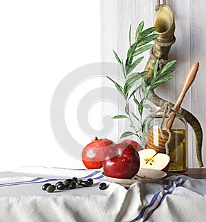 Honey jar with apples and pomegranate Rosh Hashana hebrew religious holiday photo