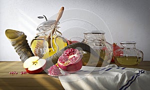 Honey jar with apples and pomegranate for Rosh Hashana