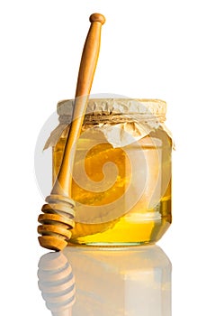 Honey Jar with Comb and Dipper on White