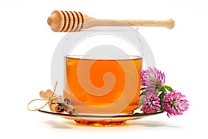 Honey in jar with dipper, cinnamon, flower on isolated background