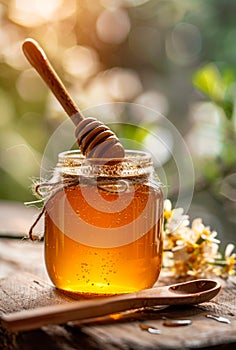 Honey jar and dipper with honey on wooden rustic table