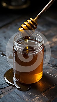 Honey Jar with Drizzle from Dipper on Rustic Table