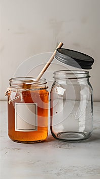 Honey jar and empty jar on neutral background with contrasting labels and lids