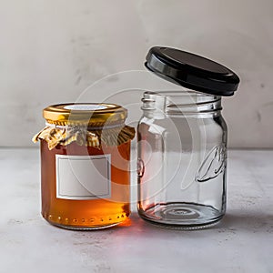 Honey jar and empty jar on neutral background with contrasting labels and lids