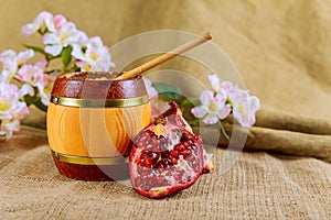 Honey jar and fresh apples with pomegranate over bokeh background